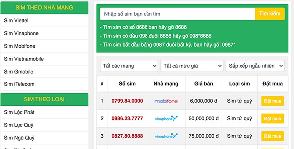 Mẫu web bán sim số sim điện thoại
